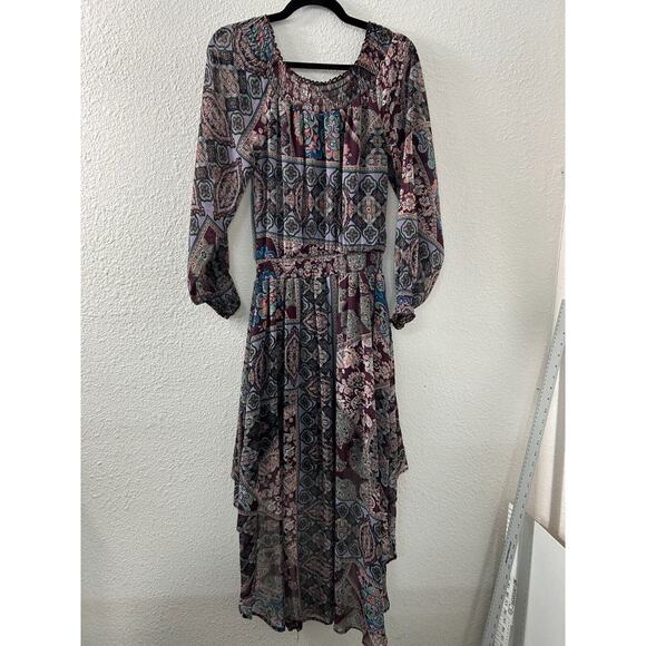 Fire Los Angeles Dress‎ Purple Paisley Boho Peasant Hi-Lo Ruched Off Shoulder M - Picture 11 of 12